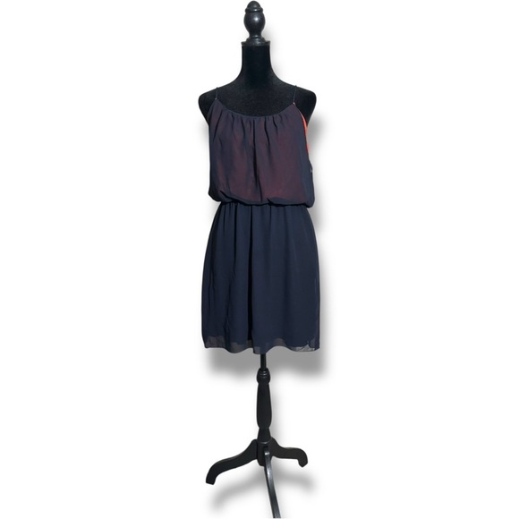 Sweet Storm Sheer Navy Blue Over Orange Gathered Waist Sleeveless Mini Sundress - Picture 2 of 14